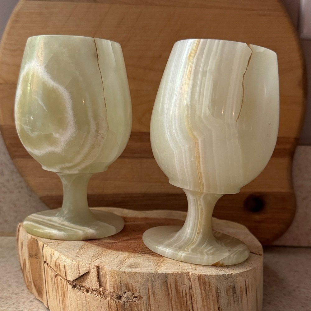 Vintage Hand Carved Onyx or Alabaster pair of Goblets